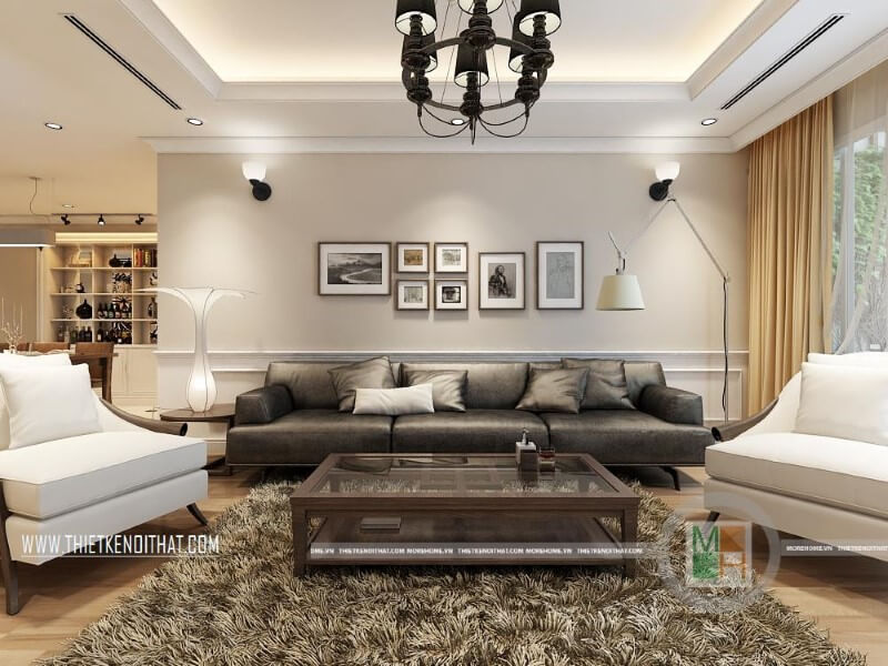 Mẫu thiết kế nội thất phòng khách đẹp cho chung cư với bộ sofa da cao cấp màu đèn, trắng tạo điểm nhấn nổi bật cho căn phòng. Đón xem các mẫu thiết kế phòng khách ưa chuộng nhất hiện nay