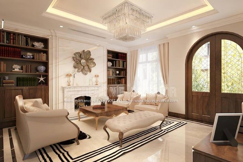 Chất liệu chủ đạo là gỗ óc chó nhập khẩu, kết hợp với đá ốp tường cao cấp, thảm trải sàn, đèn chùm, kệ tủ, lò sưởi... tất cả tạo nên một phòng khách hoàn mỹ và sang trọng nhất Đón xem các mẫu thiết kế phòng khách ưa chuộng nhất hiện nay