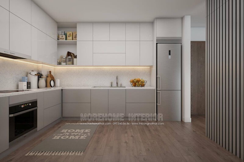 Hệ thống tủ bếp trên, tủ bếp dưới thiết kế hiện đại, mang đến khu vực chứa đồ tiện nghi Tủ bếp gỗ công nghiệp và tủ bếp acrylic