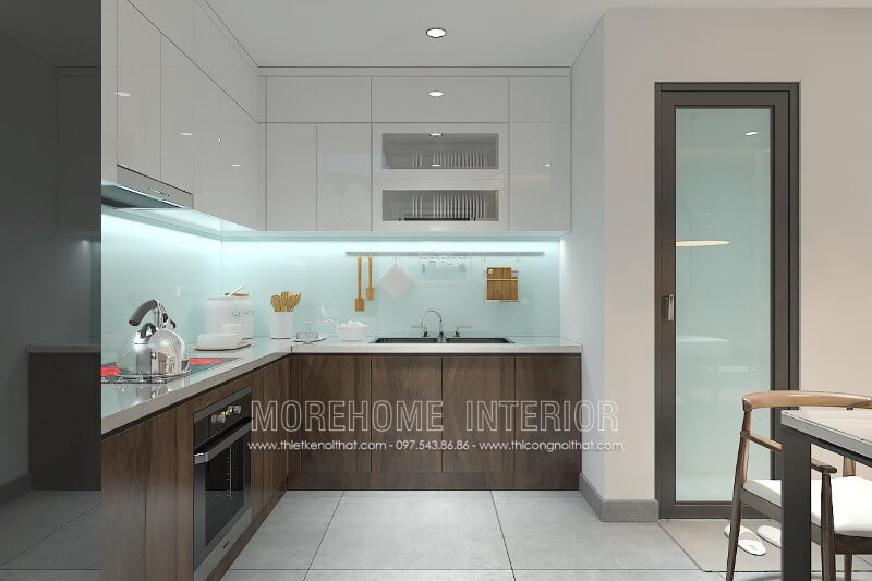 Thiết kế nội thất tủ bếp hiện đại tại nhà phố An Dương Vương, Tây Hồ, Hà Nội. Tủ bếp gỗ công nghiệp và tủ bếp acrylic