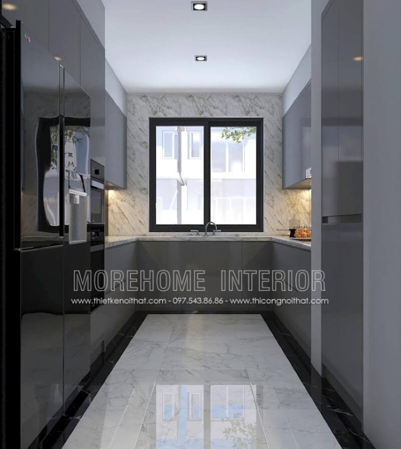 Bố trí phòng bếp với tủ bếp hình chữ U màu xám là một ý tưởng sử dụng tối đa diện tích và có thể lưu trữ những vật dụng phát sinh cần thiết trong sinh hoạt gia đình phù hợp với mọi không gian hiện đại từ chung cư, nhà phố, biệt thự. Thiết kế và sản xuất tủ bếp đẹp