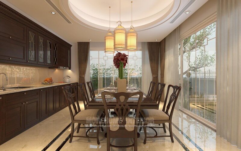 Tủ bếp cao cấp được bố trí liền kề với không gian ăn uống tạo cho gia chủ thuận tiện hơn trong quá trình dùng bữa đầy ấm áp và sang trọng Thiết kế và sản xuất tủ bếp đẹp