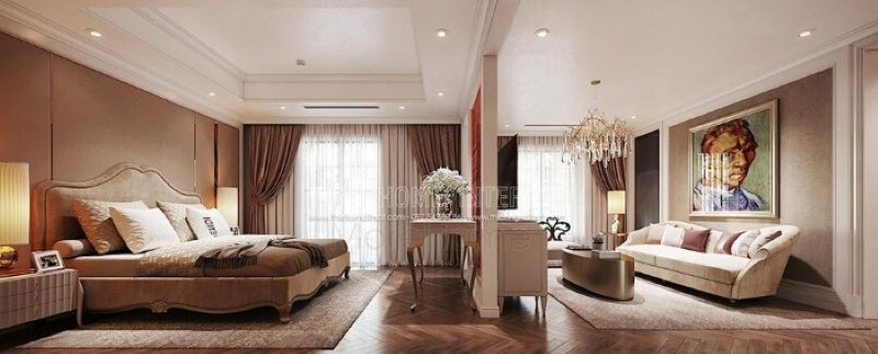 Trang trí nội thất phòng ngủ master ấn tượng với sự phân tách thành phòng ngủ và phòng giải trí nhưng vẫn tạo nên sự thông thoáng, sang trọng. Thiết kế nội thất phòng ngủ biệt thự
