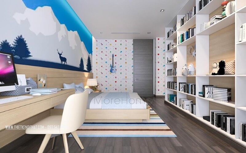 Kệ trang trí phòng ngủ con đẹp, sinh động với thiết kế tủ kệ trang trí nhiều ngăn giúp không gian trở nên thông thoáng, đẹp mắt. Thiết kế nội thất phòng ngủ biệt thự