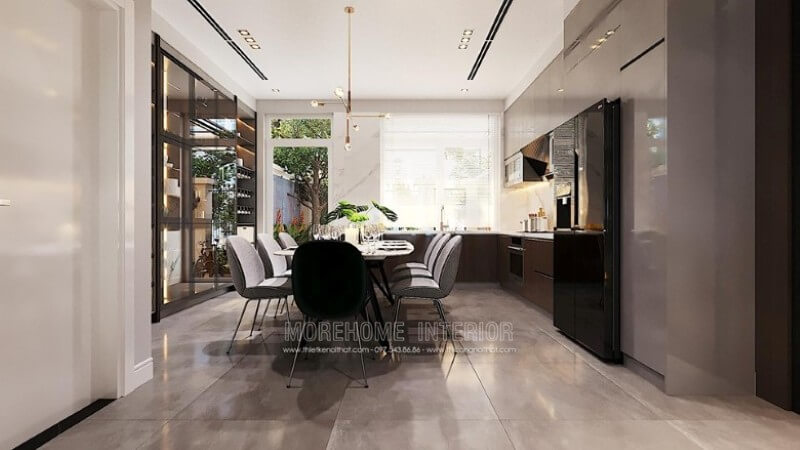 Mẫu thiết kế nội thất phòng bếp kiểu dáng chữ L hiện đại ôm trọn phòng ăn trong lòng. Thiết kế nhà bếp đẹp