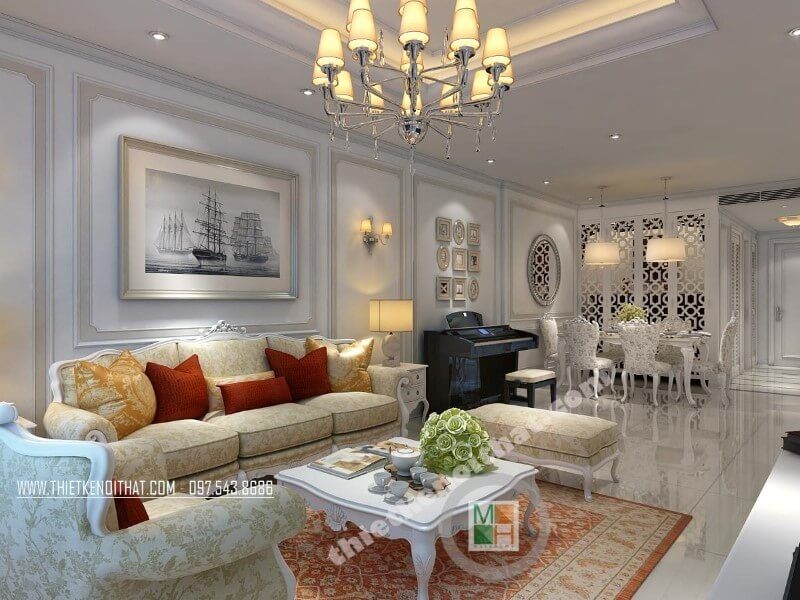 Thiết kế nội thất phòng khách chung cư theo phong cách tân cổ điển không chỉ đem đến cho khách hàng một không gian sống sang trọng, đẳng cấp mà còn thể hiện được gu thẩm mĩ của gia chủ