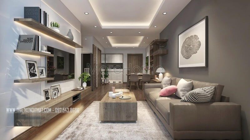 Phòng khách nhỏ được thiết kế tối giản nhưng tiện nghi và sang trọng, gam màu xám làm chủ đạo hài hòa.