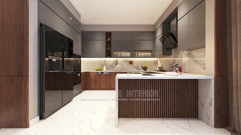 Thiết kế nội thất phòng bếp đẹp từ gỗ công nghiệp cao cấp kết hợp cùng đá ốp bếp sang trọng.