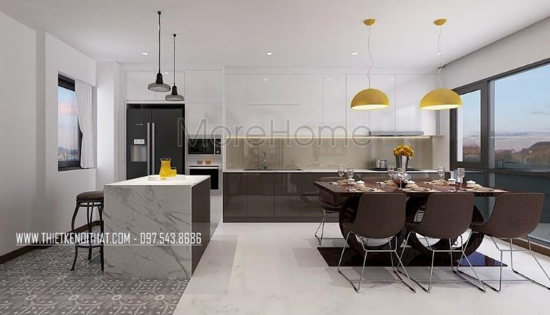 Trang trí phòng ăn lồng phòng bếp hiện đại tạo nên không gian vừa đẹp vừa tiện nghi vừa sang trọng.