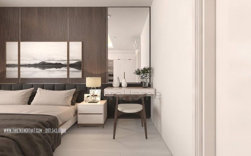 Bố trí phòng ngủ hiện đại, đẹp với gương trang trí, tranh treo tường canvas, đèn bàn cao cấp.