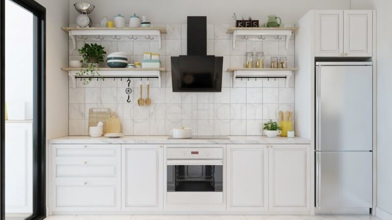 Mẫu thiết kế nội thất phòng bếp chung cư nhỏ gọn nhưng không kém phần tiện nghi cho người nấu nướng với sự sắp xếp hợp lí và khoa học của thiết bị nhà bếp hiện đại