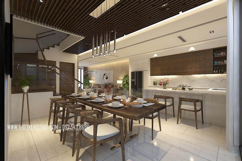 Mẫu bàn ghế ăn gỗ tự nhiên cao cấp với thiết kế kéo dài hình chữ nhật sang trọng cho nhà phốbiệt thự