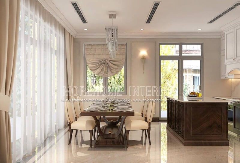 Mẫu bàn ăn tân cổ điển được làm từ chất liệu gỗ óc chó nhập khẩu, ghế ăn bọc đệm da cùng phần tựa lưng cao tạo cảm giác thoải mái nhất cho người ngồi