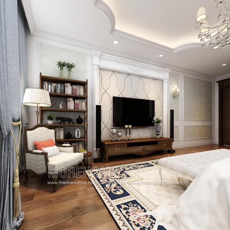 Hình ảnh kệ tivi bằng gỗ óc chó tân cổ điển tinh tế cao cấp tại không gian phòng ngủ biệt thự