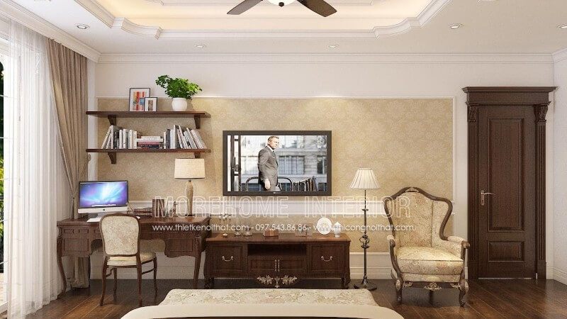 Kích thước kệ tivi gỗ óc chó vừa phải, được thiết kế cân đối với giường ngủ, tivi và không gian diện tích phòng.