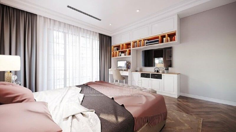 Bàn học liền kệ trang trí, kệ tivi, tủ đựng đồ tạo không gian đẹp, liền mạch, tối giản diện tích nhưng lại đảm bảo công năng hiệu quả cho phòng bé gái