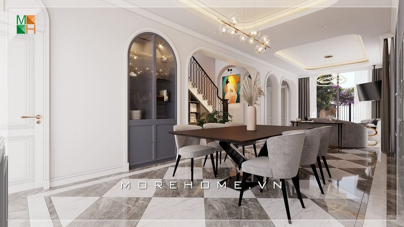 Mẫu thiết kế bàn ăn có 6 ghế bọc nỉ chân gỗ tự nhiên, kết hợp với bàn ăn gỗ tự nhiên mang lại sự sang trọng cho các căn hộ, nhà phố và biệt thự.