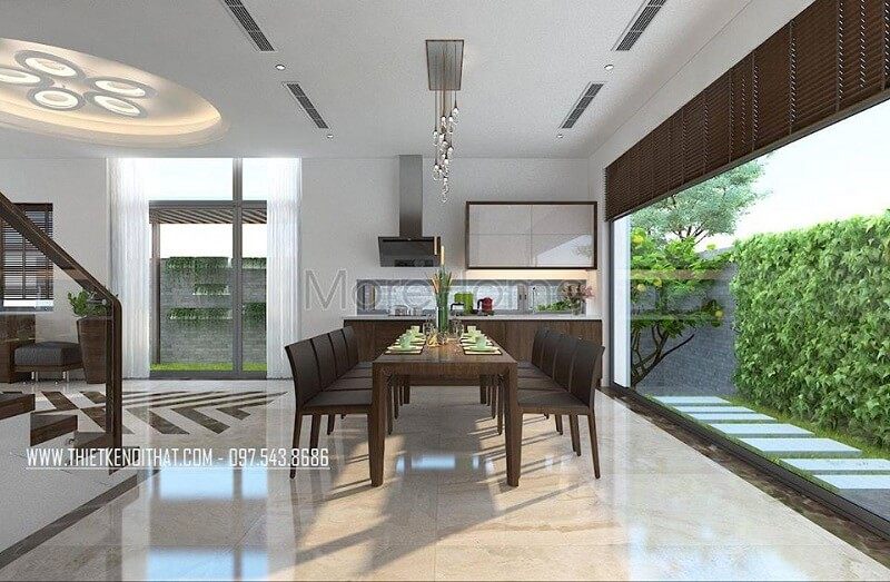 Thiết kế nội thất biệt thự cao cấp với bộ bàn ăn gỗ đẹp mang đến không gian phòng ăn lí tưởng độc đáo