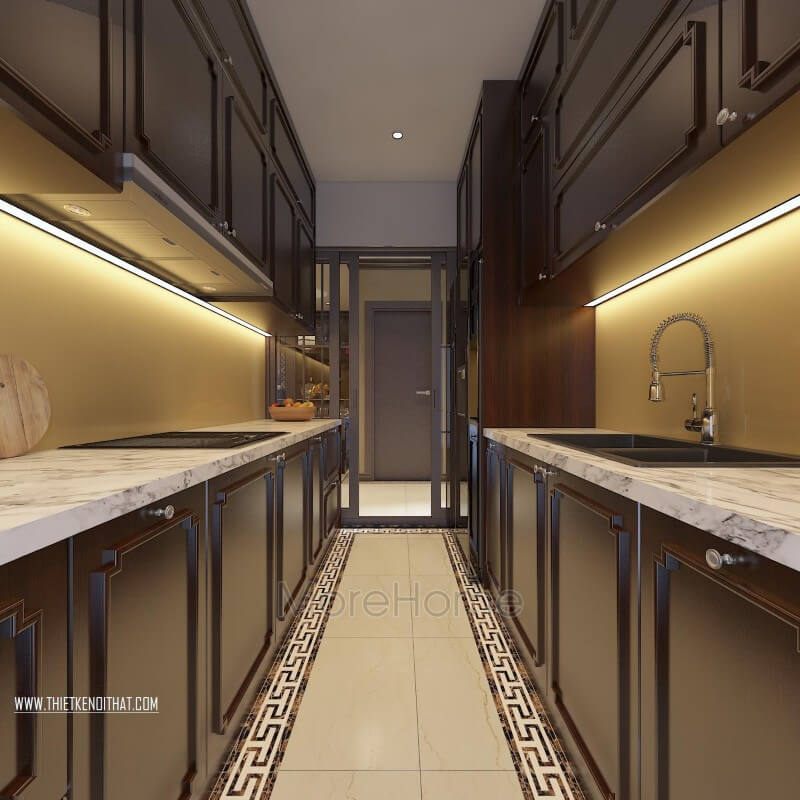 Tủ bếp gỗ việt được thiết kế bởi kiến trúc sư Morehome với những đường chỉ viền cánh đẹp mắt.
