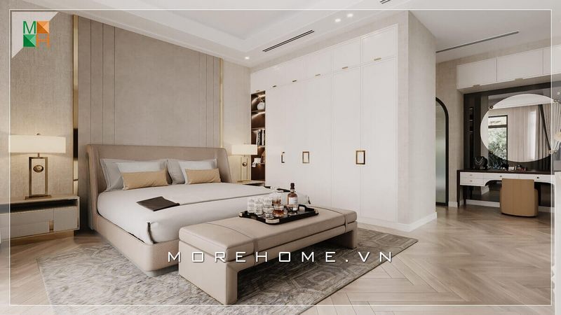 Giường ngủ có thiết kế dạng bệt bằng gỗ bọc nỉ có đầu giường mang lại sự êm ái khi thư giãn nghỉ ngơi, phù hợp với các căn hộ, nhà phố, biệt thự phong cách hiện đại.